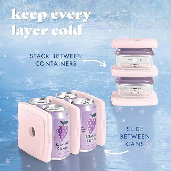 Cool Coolers by Fit & Fresh Slim Ice Packs, Quick Freeze Reusable Ice Packs for Lunch Boxes & Coolers, Long-Lasting, Space Saving Lunch Ice Packs, Light Pink, 4Pk