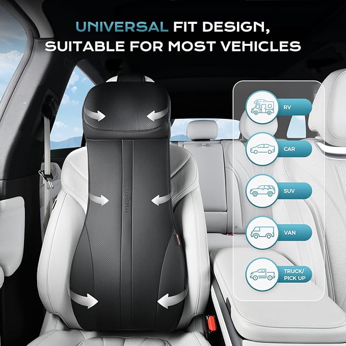 Coverado Car Seat Cushion and Lumbar Support Headrest Pillow One Piece, Ergonomic Memory Foam Car Neck Pillow & Back Support, Soft Leather Breathable Driving Seat Cushion Sciatica Pain Relief, Black