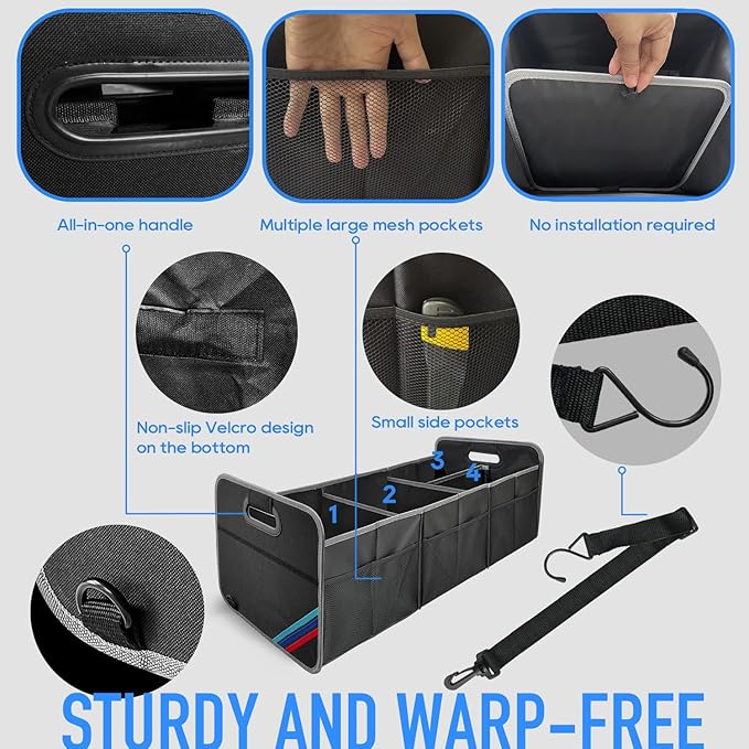 XL Car Trunk Organizer, 4 Compartments, 94L Capacity, Oxford Polyester 600D Material, Easy Fold and Store, Prevents Sliding