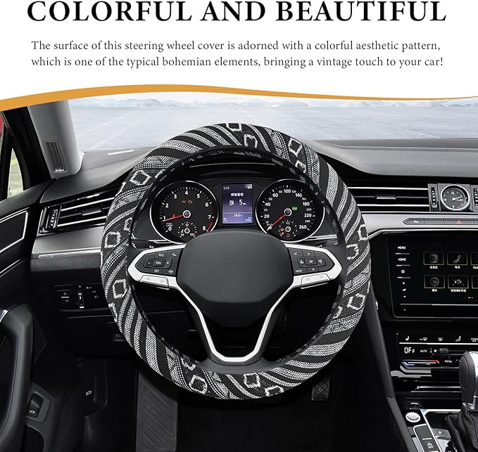 Boho Steering Wheel Cover, 15 Inch Coarse Flax Cloth Ethnic Style Anti-Slip Car Wheel Wrap, Universal Breathable Bohemian Steering Wheel Protector for Cars Vans Trucks (E)