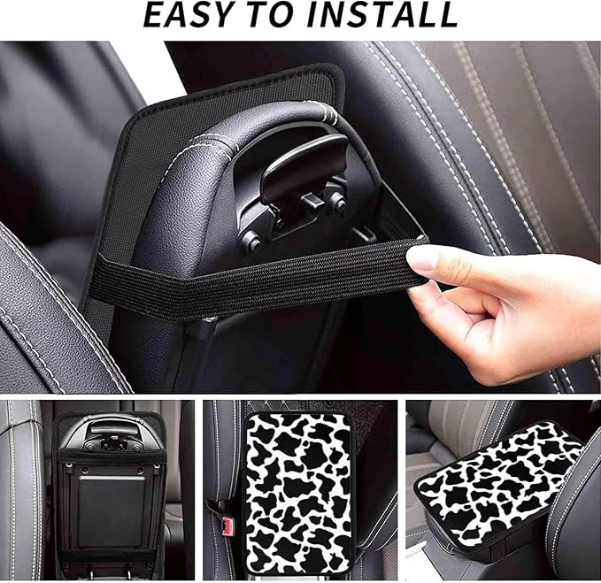 Cow Print Center Console Cover Black Cute Middle Console Armrest Lid Pad Protective Covers Arm Rest Seat Box Pads Protector