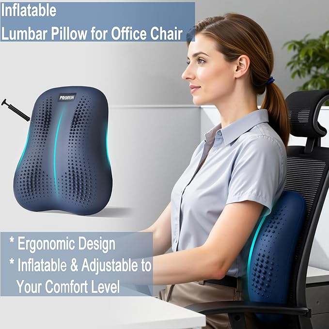 Lumbar Support Pillow, Inflatable Rubber Lumbar Pillow for Lower Back Pain Relief - Car Back Cushion for Driving - Lumbar Support for Car-Office Chair, Massage Points, Adjustable Firmness, Blue