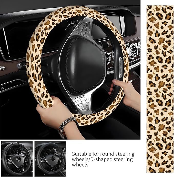 Steering Wheel Covers for Car, Truck, and SUV, Cute Non-Slip Breathable Elastic Steering Wheel, Car Accessories, Universal 15 Inch Leather Cover for Men Women Brown Leopard