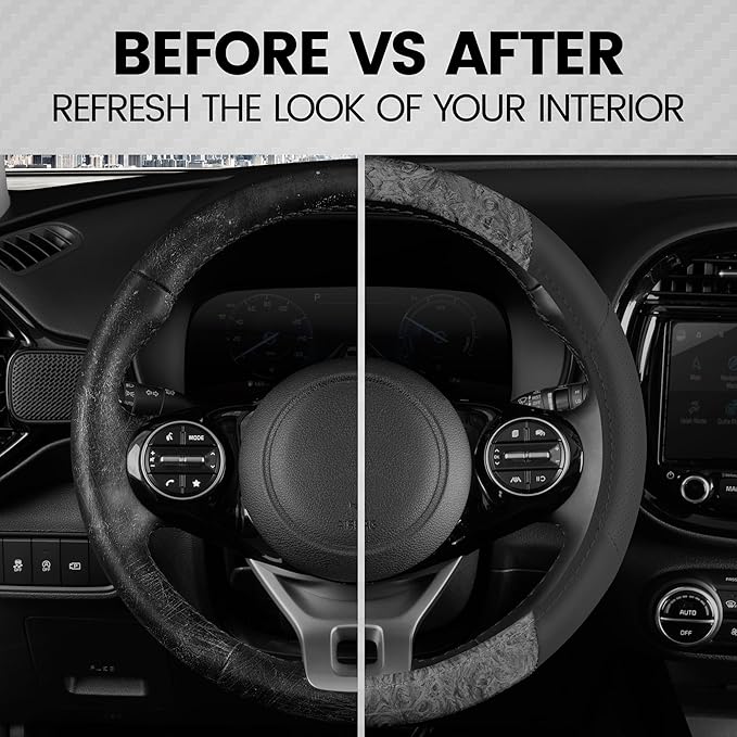 BDK BurlwoodLux Wood Grain and PU Leather Gray Steering Wheel Cover - Sport Grip for Car Auto SUV Trucks