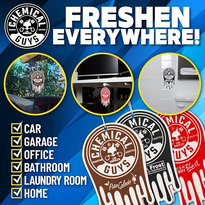 Chemical Guys Car Fresheners, Hanging Air Fresheners, Variety Scent Pack 12 Pack - for Cars, Home, Garage, Workspace, Dorm Room & More (4 x 3 Packs, Black Frost, Cherry, Pina Colada)