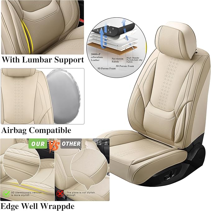 Chezope Car Seat Covers Full Set, Beige Leather Seat Covers, Breathable Front and Back Car Seat Protectors, Wear-Resistant Seat Covers Universal Fit for Most Cars SUV Truck (Beige-Solid, Full Set)