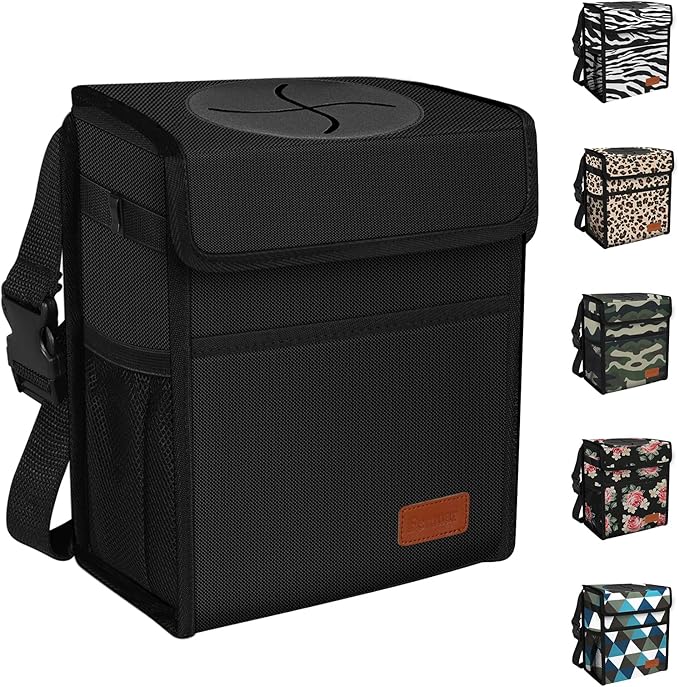 Femuar Leak Proof Car Trash Can with Lid - Waterproof Automotive Garbage Bin for SUVs, Collapsible and Portable Car Trash Bag, Black