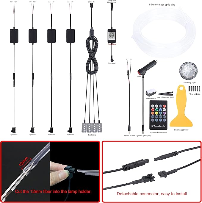 Car Interior Ambient Lighting Optic Fiber RGB 64 Colors Multicoloured Music Car Footwell Lighting Kit with Cigarette Lighter and App Microphone, 12-24V 5m