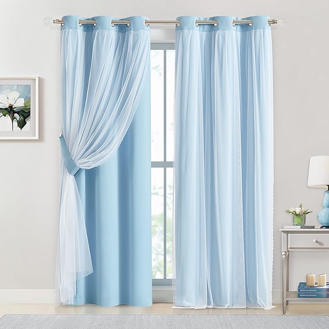 Bujasso Sky Blue 80% Blackout Curtains with Sheer Overlay Mix and Match Double Layer Thermal Insulated Window Panels 95 inch for Living Room Bedroom Blue Drapes with Tiebacks Grommet Top 37" Wx95 Lx2