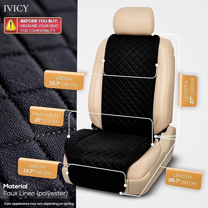 IVICY Faux Linen Front Car Seat Cover – Durable, Non-Slip Seat Protector for Cars – 1 Unit, Black