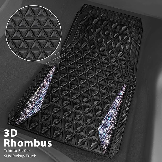 CAR PASS Dazzle Colour Change Car Mats Diamond Floor Mats Full Set Anti-Slip 3D Rhombus Waterproof Universal Trim Fit Liner Glitter Crystal Sparkly Shining Rhinestone Girl Women SUV Sedan Van Colorful