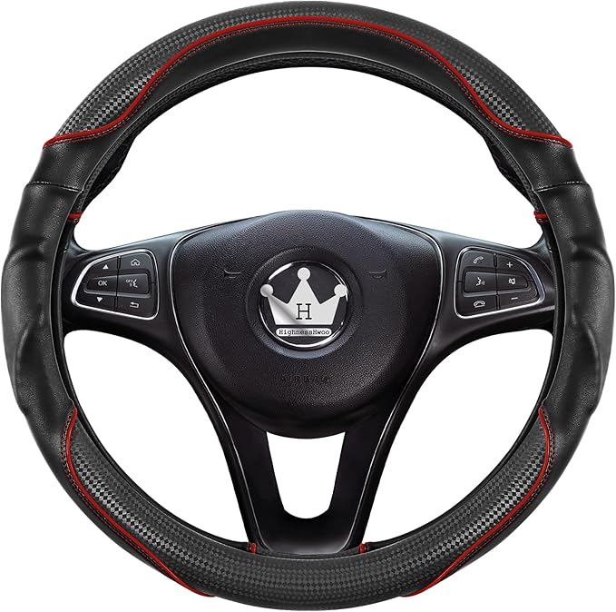 3D Car Steering Wheel Cover Comfort Grip Massage Sporty Anti-Slip Carbon Fiber Faux Leather for F150, Trucks, Jeep, Van, Car Handle Covers for All Seasons, 15.2-16in, Red