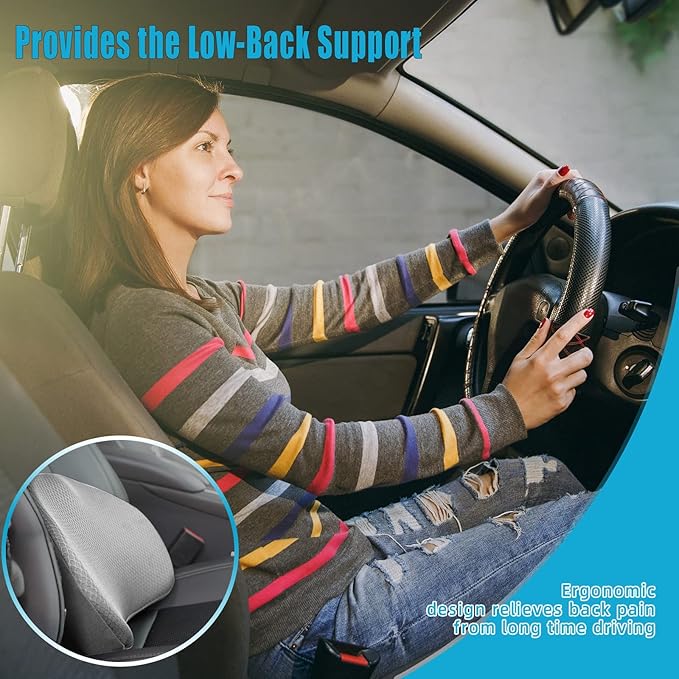 Car Seat Cushion for Driving - Comfort Memory Foam for Car Driver Seat- Back Support & Pain Relief - Car Travel Accessories for Long Trips (Gray)