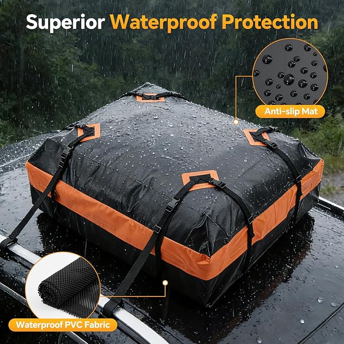 NEWBULIG Car Rooftop Cargo Carrier Bag, 15 Cubic Feet Duty Waterproof Bag for All Vehicles with/Without Racks. Includes Anti-Slip Mat, Reinforced Straps, 6 Door Hooks, Storage Bag & Luggage Lock.