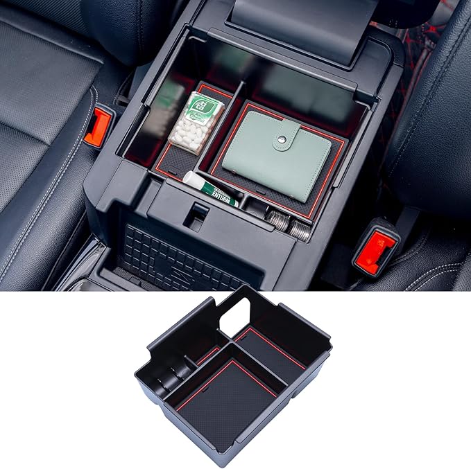 TOPINSTALL 2020-2026 Ford Explorer Console Organizer Tray - Compatible with 2020+ Ford Explorer Deep Armrest Storage Box with Coin Holder & Non-Slip Mats, Red Interior 6th Gen Explorer Accessories