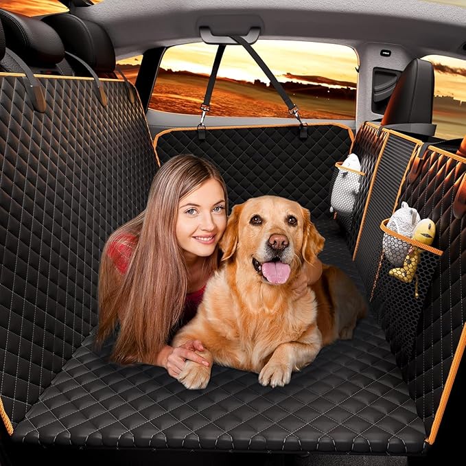 Back Seat Extender for Dogs - Large Space, Waterproof Hard-Bottom Dog Car Seat Cover for Back Seat, Holds 420lbs, Upgraded Material Waterproof Pet Car Bed Dog Hammock for Car, SUV(Gray Orange)