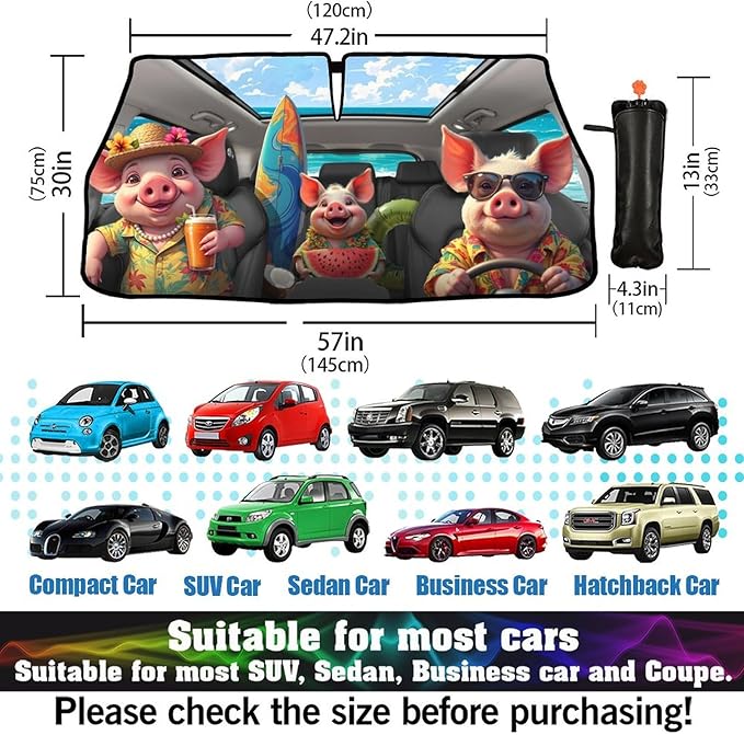 Socira Funny Pig Car Windshield Sunshade Umbrella Foldable Umbrella Sun Shade Windshield Cover Cute Pig Sunshade Car Accessories Blocks Uv Rays Keeps Cool (57" X 30")