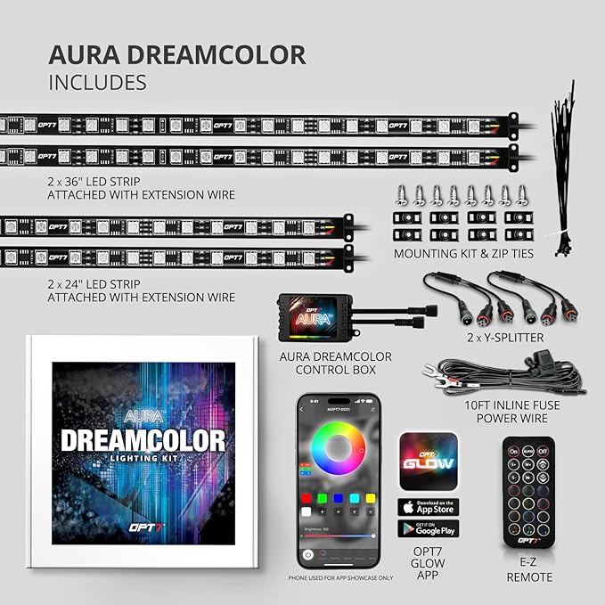 OPT7 12V Aura DreamColor Golf Cart Underglow LED Light Kit with App & Remote, 4PC Waterproof Multicolor Light Strips, Music Neon Accent Chasing Lighting for EZGO Yamaha Club Car, Outdoor Gifts