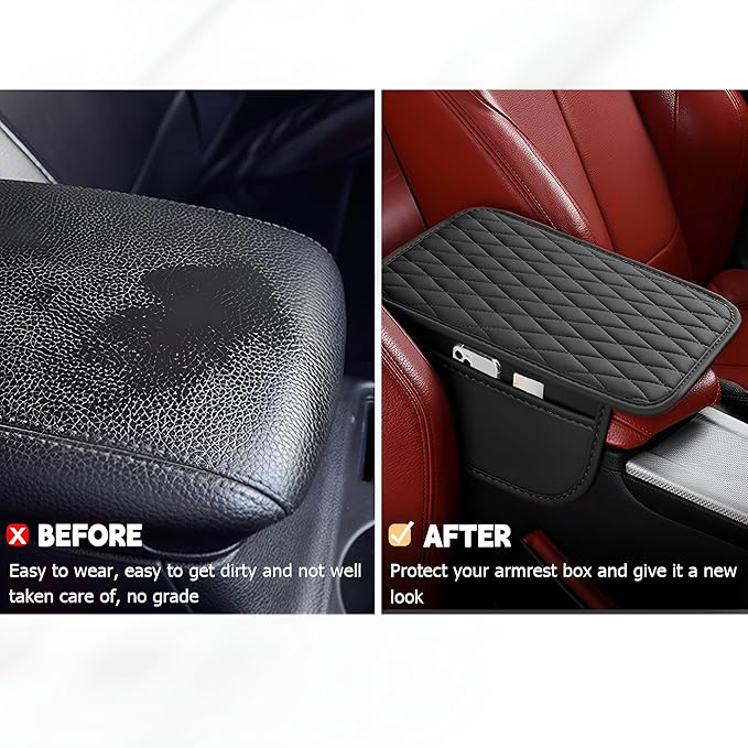 Car Center Console Cover, Leather Vehicle Armrest Seat Box Cushion Pad with Storage Bags, Waterproof Automotive Middle Console Protector, Universal for SUV RV Truck (Black)