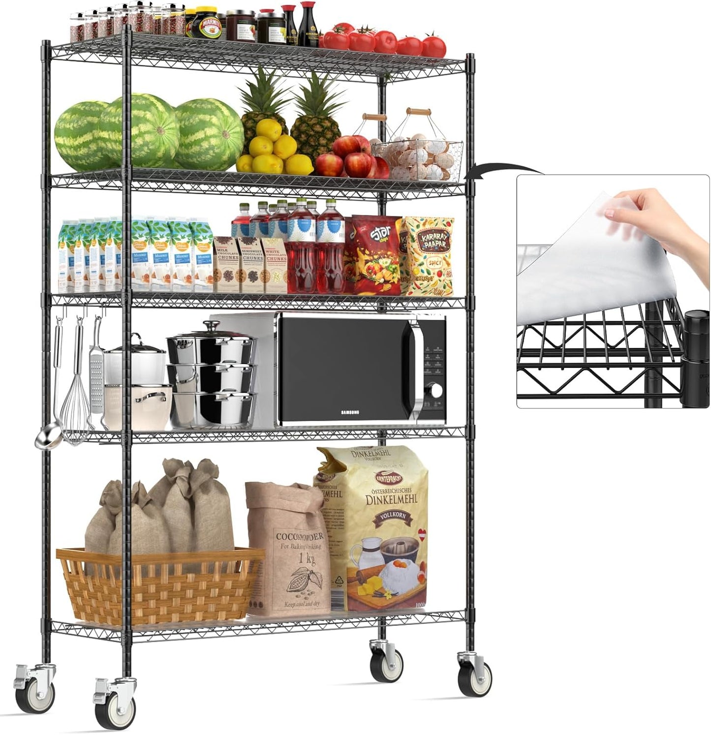 Wire Shelving with Wheels, 48x18x72 Inch, 3000 Lbs Storage Shelves Heavy Duty, Commercial-Grade Adjustable Utility Shelf, NSF-Certified Metal Storage Rack with Shelf Liners, 5-Tier, Matte Black