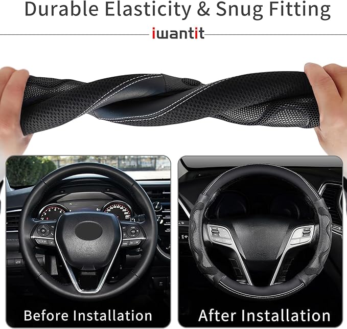 Iwantit® Steering Wheel Cover with 3D Honeycomb Anti-Slip Design and Breathable Fabrics, Universal 14.5-15 Inch (White/Black)