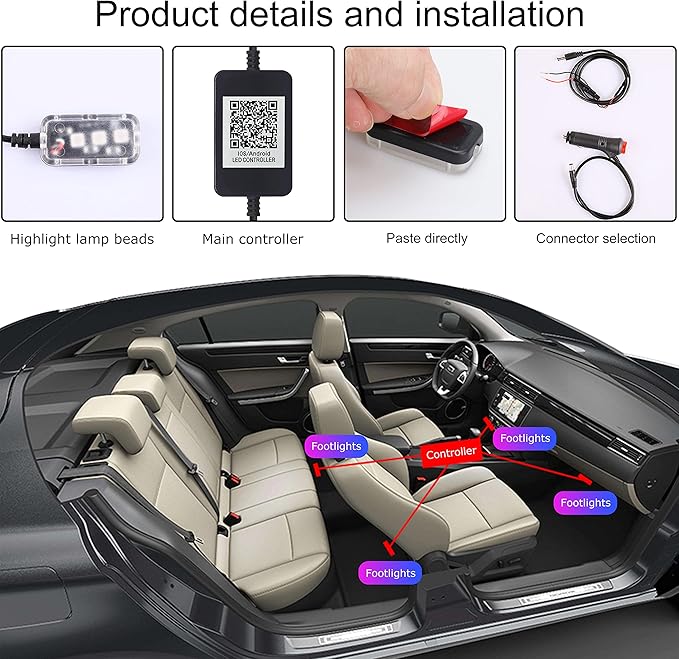 Car Interior Ambient Lighting RGB 64 Colors Multicoloured Music Car Footwell Lighting Kit with Cigarette Lighter and App Microphone, 12V-24V