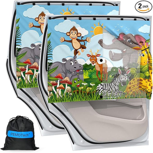 Car Window Shades with 8 Magnets-26.8"x19.7" Car Rear/Side Window Sunshade for Baby Semi-Transparent 2-in-1 Universal Auto Sun Shade for Kid & Pet Protection (2 Pack) Grassland Animal