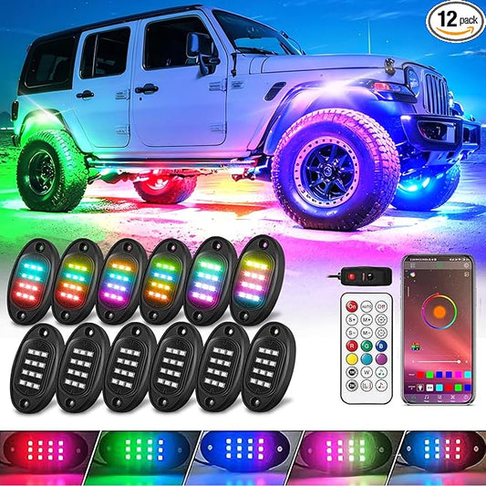 12 Pods RGB+IC LED Rock Lights for Trucks Golf Cart ATV UTV SUV Offroad, Smart Sync Music Chasing Rock Lights with APP/RF Control, Waterproof Dream Color Car Underglow Kit Vehicle Underbody Light