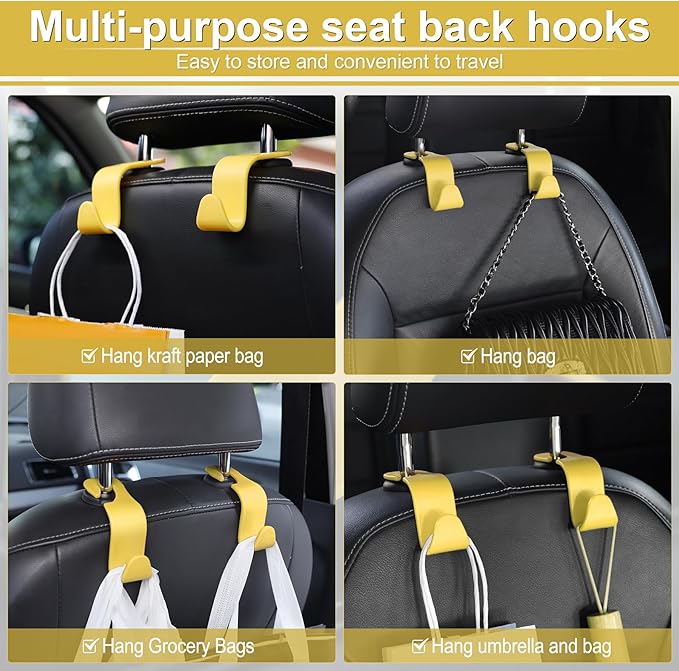 LivTee Car Seat Headrest Hook, Car Headrest Hidden Hook, 4 Pack Universal Auto Car Back Seat Hook Organizer for Purse Coat, Car Interior Accessories (Yellow)