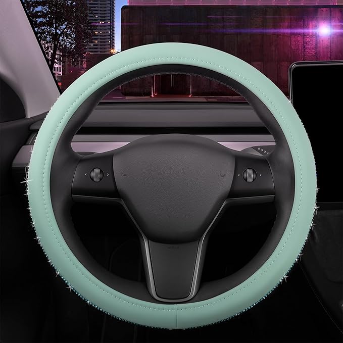 Carbella Mint Green Diamond Bling Steering Wheel Cover, Standard 15 Inch Size Fits Most Vehicles, Cute Faux Leather Car Steering Cover with Rhinestone Crystal, Car Accessories for Women