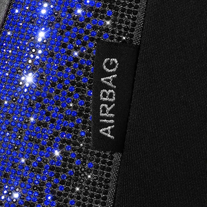 CAR PASS Bling Diamond Black Leather Car Seat Covers Full Set Interior Sets, Waterproof Shining Glitter Sparkly Crystal Universal Armrest Fit Automotive Truck SUV Cute Women Girl, Blue Rhinestone