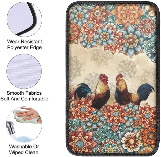 Suobstales Boho Mandala Rooster Chicken Print Car Armrest Pad Soft Center Console Arm Rest Protector Cover Universal Car Interior Accessories Decoration
