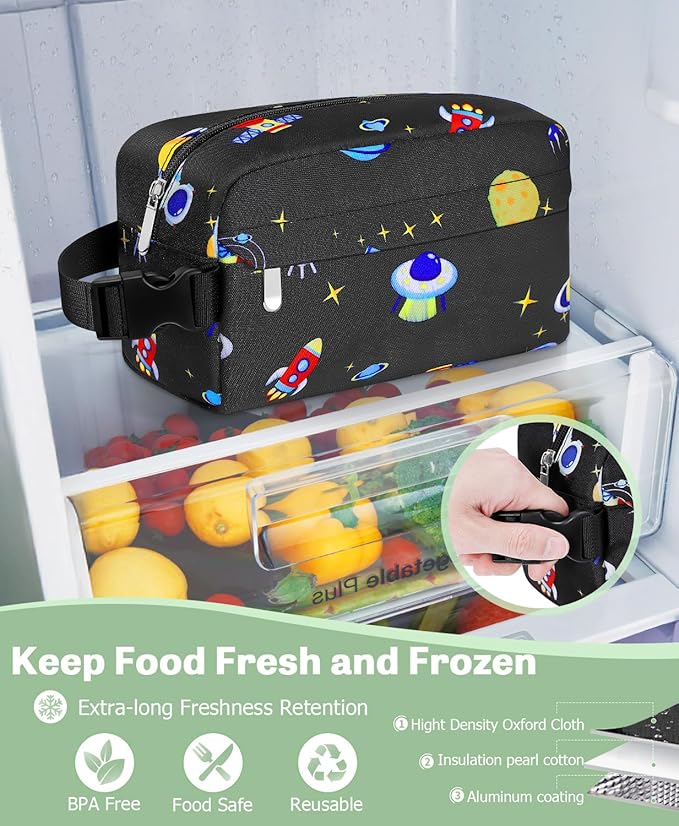 Small Insulated Snack Bag Lunch Bag for Kids Lunch Box for Women/Men, Collapsible [3L/5-Can] Reusable Lunch Bag Cooler Bag for Bottle with Handle Buckle for Work/School,Planet Astronauts