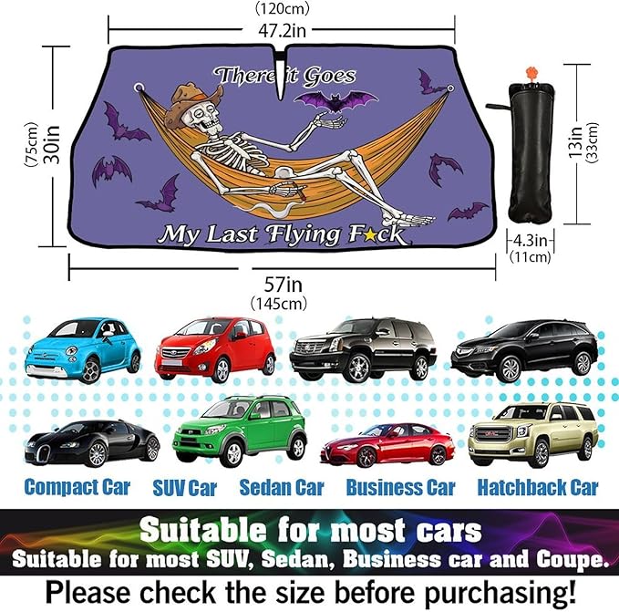Socira Funny Skeleton Skull Car Windshield Sunshade Umbrella Foldable Visor Umbrella Sun Shade Cover Sunshade Front Window Cover Car Accessories Blocks Uv Rays (57" X 30")