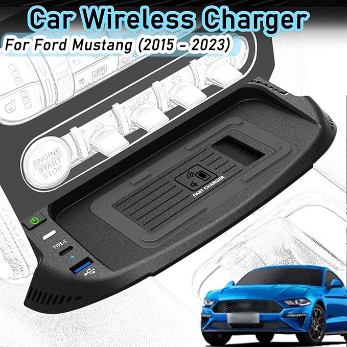 CenNa Wireless Car Charger for Ford Mustang (2015-2023) All Models Accessory with 15w Wireless and USB Qc3.0+Type-C Fast Charging Gift for Family