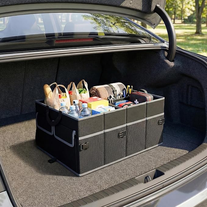 Goplus Collapsible Trunk Organizer, 13 Gallon Foldable Car Storage Organizer with Extenable Compartments, Pockets, Securing Straps, for SUV Van Sedan Truck, 22" x 16" x 10"