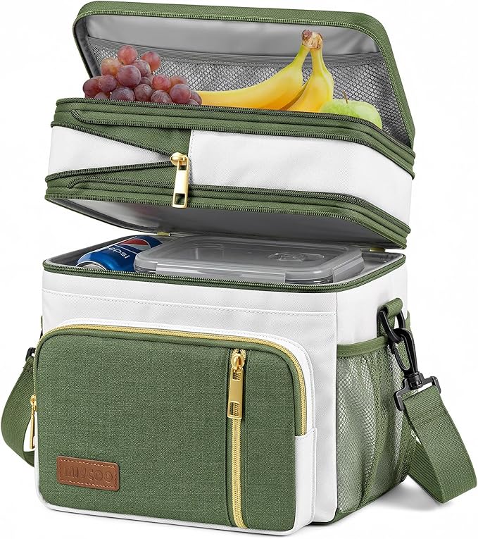 MIYCOO Lunch Bag & Lunch Box for Women Men - Double Deck Leakproof Insulated Soft Large Adult Camping Cooler Bag for Work, Beach, Picnic, Travel (Green White, 15L)