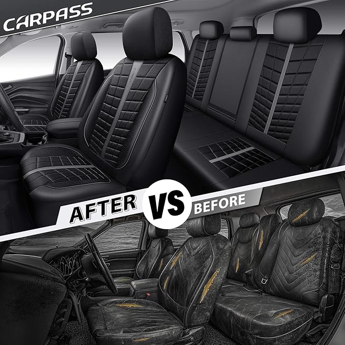 CAR PASS 3D Foam Mesh Leather Car Seat Covers Full Set, Breathable Premium Leather Seat Covers for Car,Anti Slip Universal Fit for Trucks Cars Sedans Vans SUVs, Airbag Compatible, Black Gray