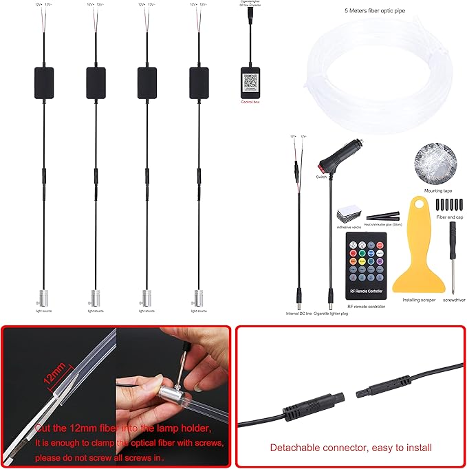 64 Colors Car Ambient Lighting Fiber Optic RF Remote + APP Control Multicoloured Music Car Atmosphere Decorative Lighting Kit 1W DC 12V-24V 5m