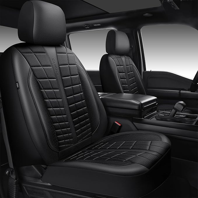 CAR PASS 3D Air Mesh Seat Covers for Car, Leather Car Seat Cover Front Seats, Breathable Foam Premium Leather Mesh Front Seat Covers Universal Fit for Cars Sedans Trucks Vans SUVs, All Black