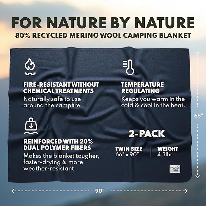 Woolly Mammoth 80% Merino Wool Camping Blanket 2-Pack - Naturally Fire-Resistant and Temperature-Regulating - for Cold Weather, Camping, Bushcraft and Emergency Car Kits (66" x 90", Lapis & Mulberry)