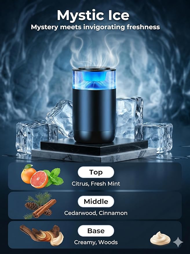 Smart Auto Car Diffuser, RGB Air Freshener, Rechargeable Aluminum Aromatherapy, Leak-Proof Replaceable Cartridge, Cologne & Ocean Scent for Car Office Bedroom