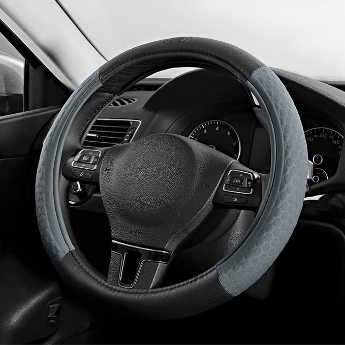 Skechers Steering Wheel Cover,Leather Steering Wheel Cover Hexcomb Design Embedded TPE Steering Wheel Universal Fit 14" 1/2-15" Car Wheel Protector for Men Women Fit Suvs,Vans,Sedans,Car,Trucks,Grey