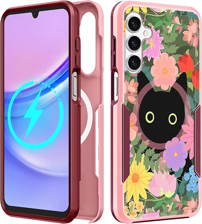 for Samsung Galaxy A14 5G Phone Case - Compatible with MagSafe Women Girls Cute Magnetic Protective Cover Girly Cat Flower Floral Heavy Duty Shockproof Design for Samsung Galaxy A14 5G Cases