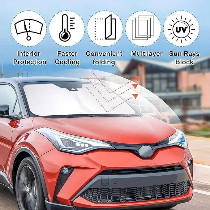 Windshield Sun Shade Custom Fit for 2018 2019 2020 2021 2022 2023 Toyota CHR CH-R Accessories Foldable Sunshade Sun Blocker Protect Car from Sun Rays & Heat Damage Keep Car Cooler