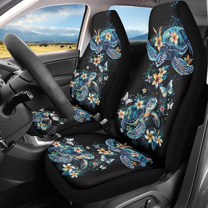 Car Seat Cover Set of 2 Car Seat Covers,Breathable Soft Bucket Seats High Back Seats Protector Cushion Universal Fit Most Vehicle Interior Set(Blue Sea Turtle with Fresh Flowers 51)