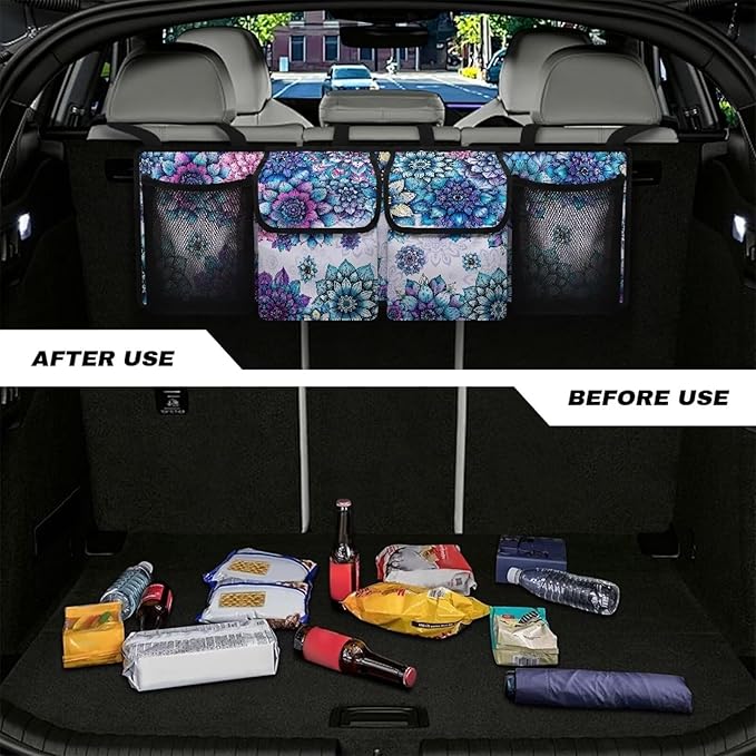 Boho Mandala Blossom Car Trunk Organizer with 4 Storage Bags Hanging Back Seat Car Organizer for Women Large Capacity Cargo Bag