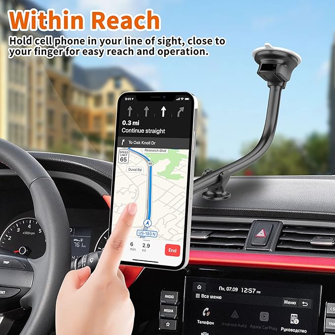 1Zero Magnetic Phone Car Mount 14-Inch Gooseneck Long Arm Extension, Universal Windshield Dashboard Industrial-Strength Suction Cup Car Phone Holder for All Cell Phones (Magnetic Phone Mount)