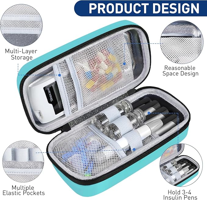 Insulin Cooler Travel Case, Portable EVA Medicine Travel Cooler, Diabetes Case with 2 Reusable Ice Packs TSA Approved for Diabetic Supplies Patent Pending(Seafoam-No Temp)