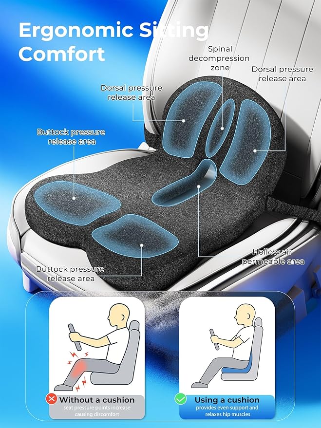 Car Seat Cushion - Memory Foam L-Shaped with Lumbar Support & Anti-Slip Design for Long Driving Comfort